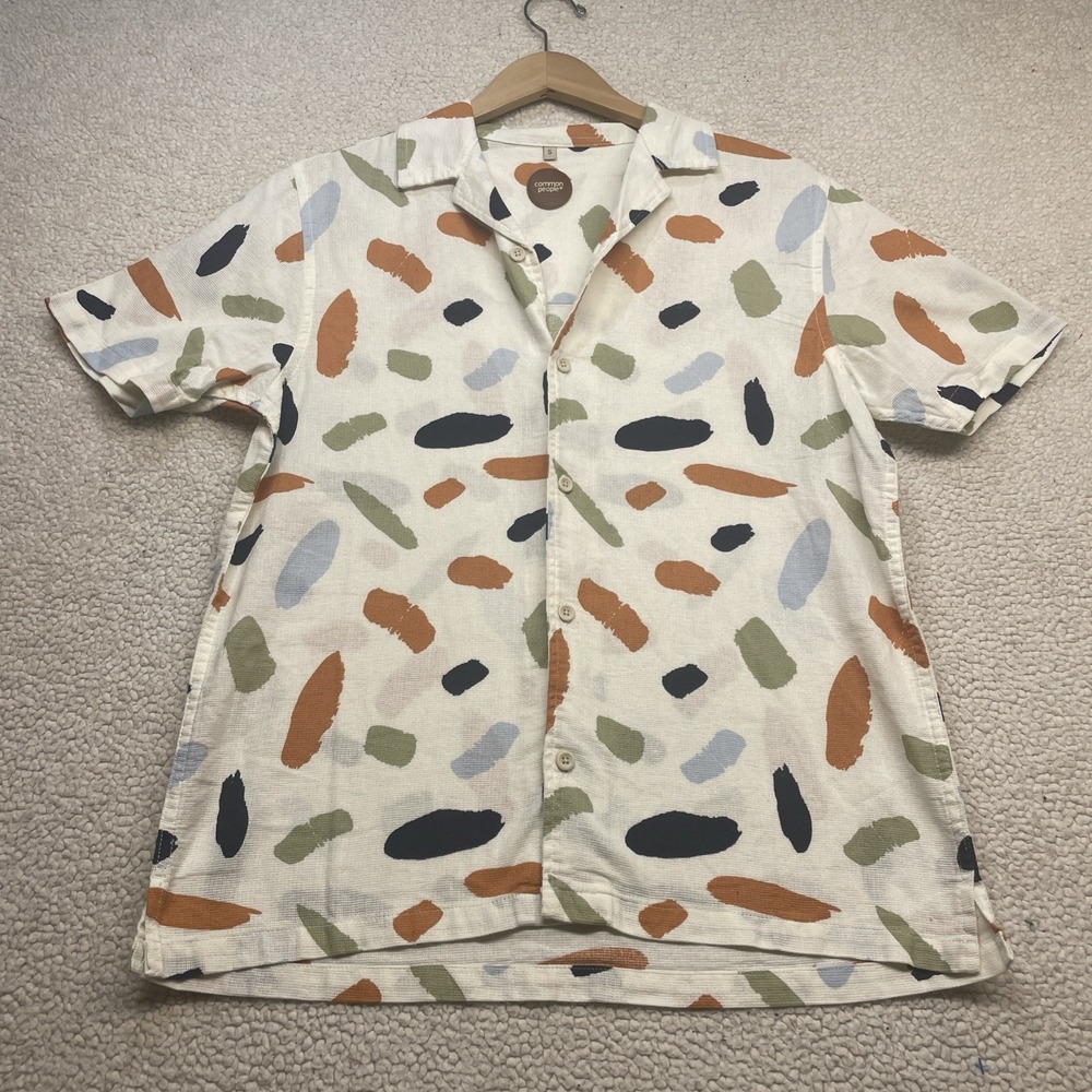 Common People Button Down Men S White Abstract Brushstroke camp Shirt Cotton